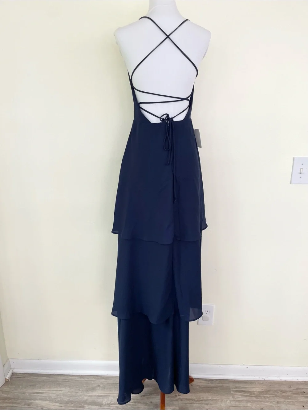 NWT Show Me Your Mumu Calypso Ruffle Tiered Dress M Medium Navy Blue Open Back